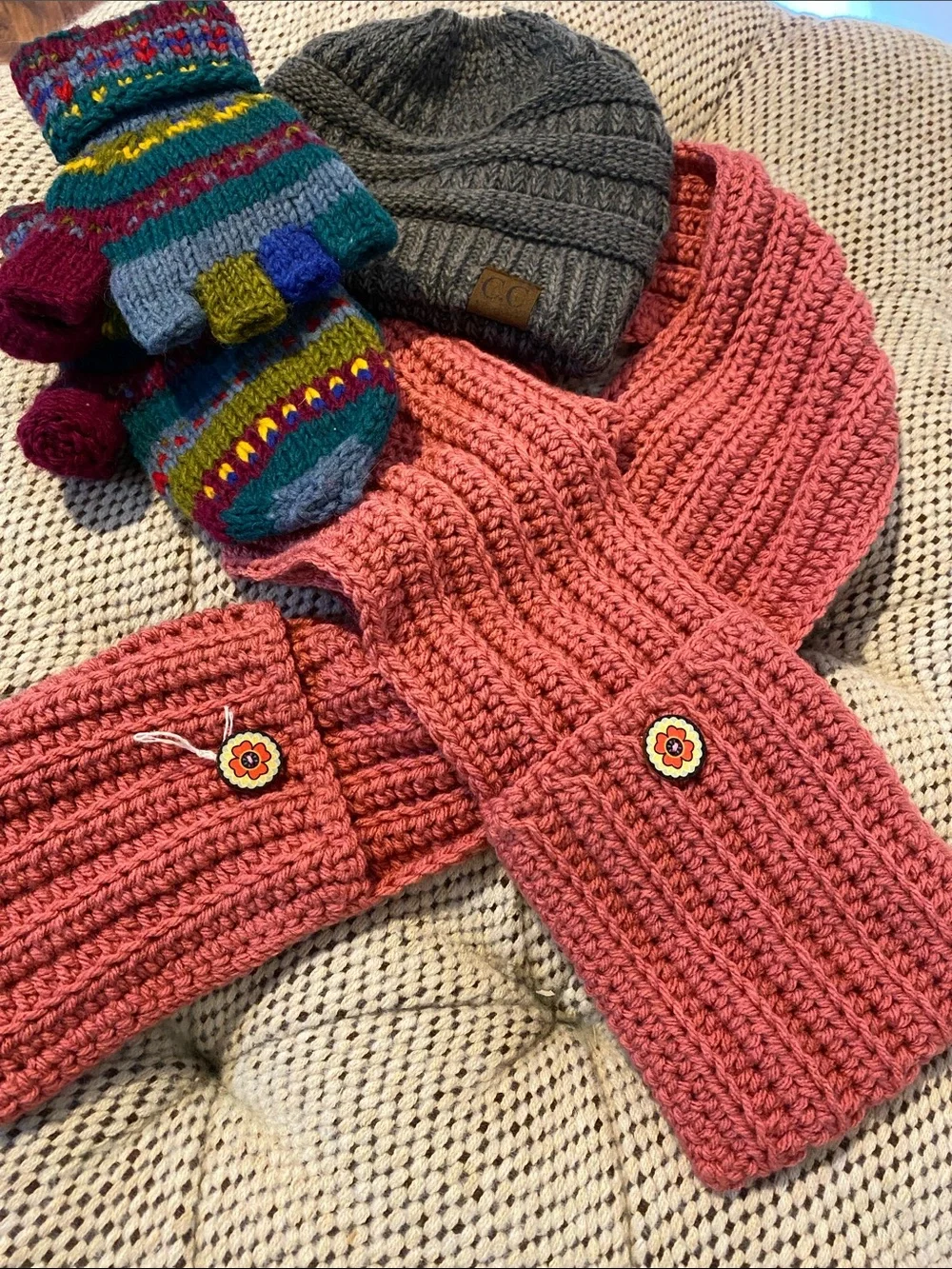 CHANEL Kids Coral Knit Scarf with Gray Beanie